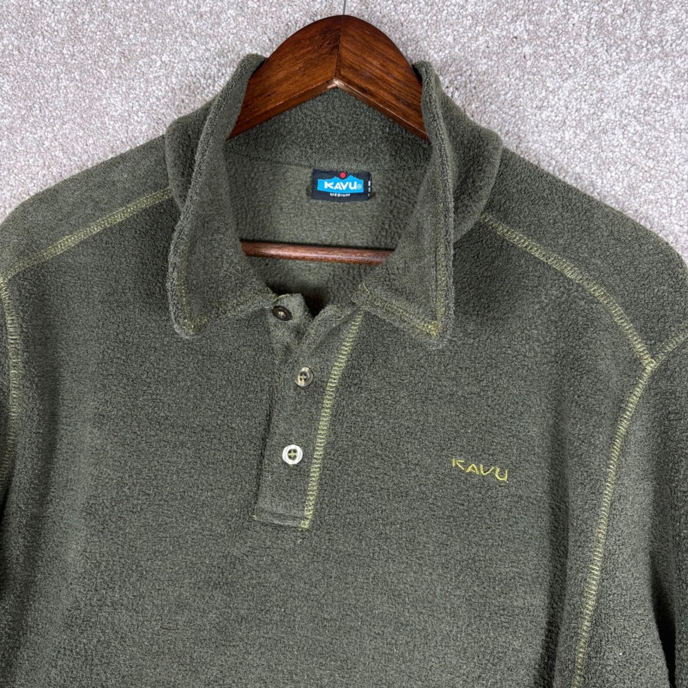 KAVU Mens Fleece Pullover Olive Green Long Sleeve 3 Button Polo Shirt Medium